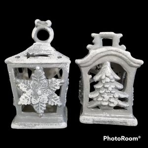 VTG Pair Of Gray White Frosted Tree N Snowflake Ceramic Lantern Candle Holders